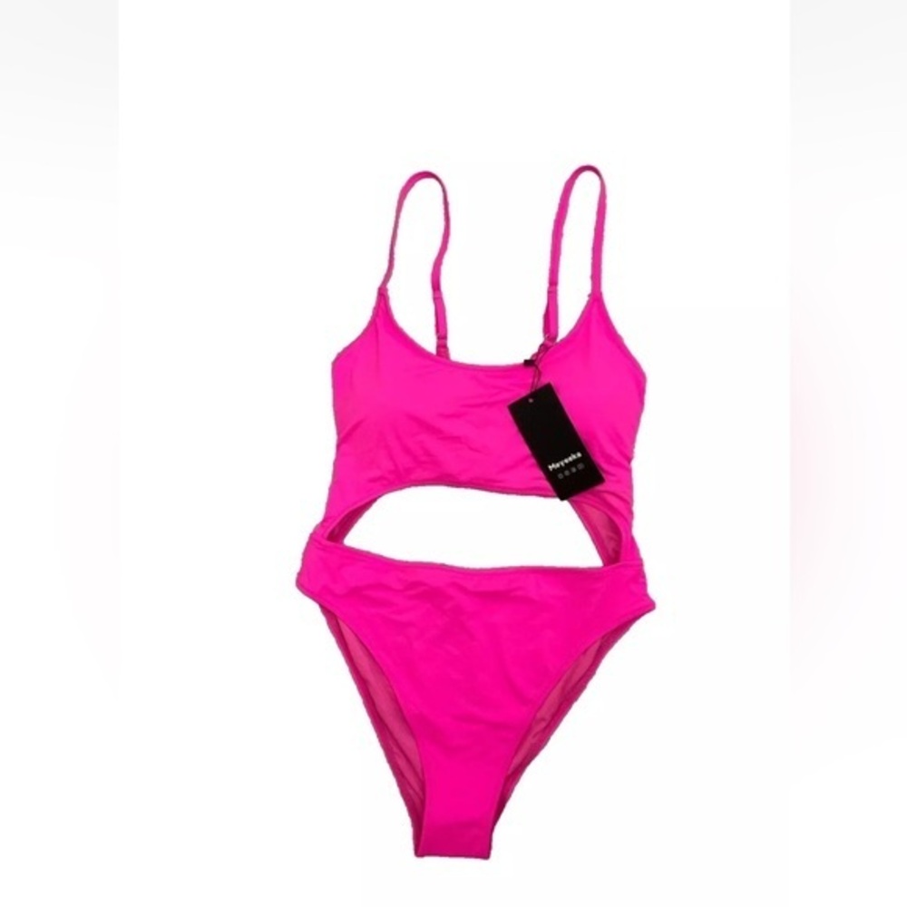 MEYEEKA Women's Pink Scoop Neck Lace Up Back High Cut One Piece Swimsuit large